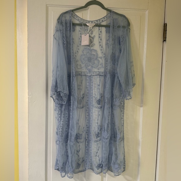 NWT: LC Lauren Conrad Crocheted Lace Flowered Blue Sheer Kimono Duster - Picture 1 of 16